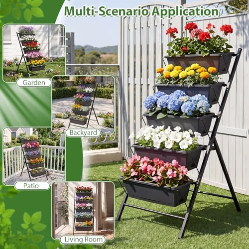 GIANTEX 5 Tier Vertical Planter Set of 2, Raised Garden Bed with Drainage Holes & Removable Trays, Metal Frame Elevated Planter Boxes for Herbs Vegetables Flowers, Indoor Outdoor Patio Balcony - Image 6