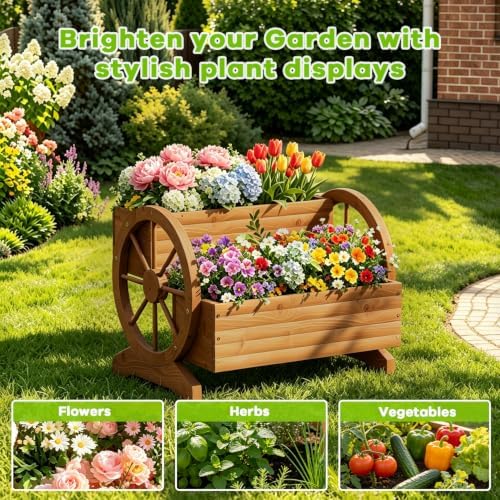 Wood Wagon Planter for outdoor Plants Cute Garden Flower Pots Cart Porch, L - Image 5