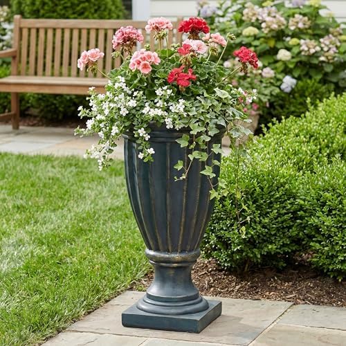 Christopher Knight Home 26.77 Inch Tall Fluted Pedestal Urn Planter MGO Outdoor Flower Pot Faux Stone Garden Planter for Patio Porch Entryway Decor, Antique Green by ChristopherKnightHome