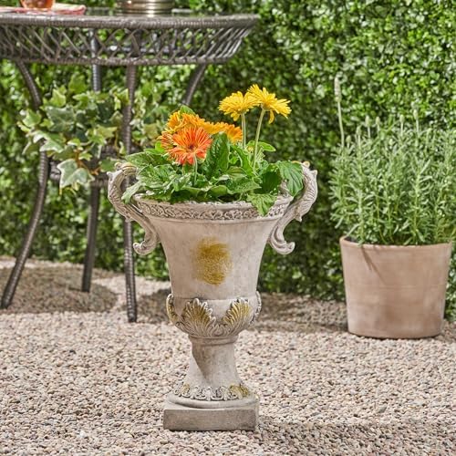 Merax 19.25'' Tall Elegant Roman Style Lightweight Concrete Planter with Botanical Accents, Square Indoor Outdoor Flower Pot with Drainage Hole & Stopper, Grey - Image 3
