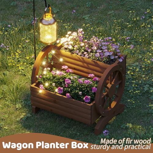 Wooden Wagon Planters for Outdoor Plants, Flower Cart, Wood Planter Boxes Outdoor, Backyard Decor, Flower Planters Outdoor with Wheels Planter for Flowers Vegetables (Brown) - Image 2