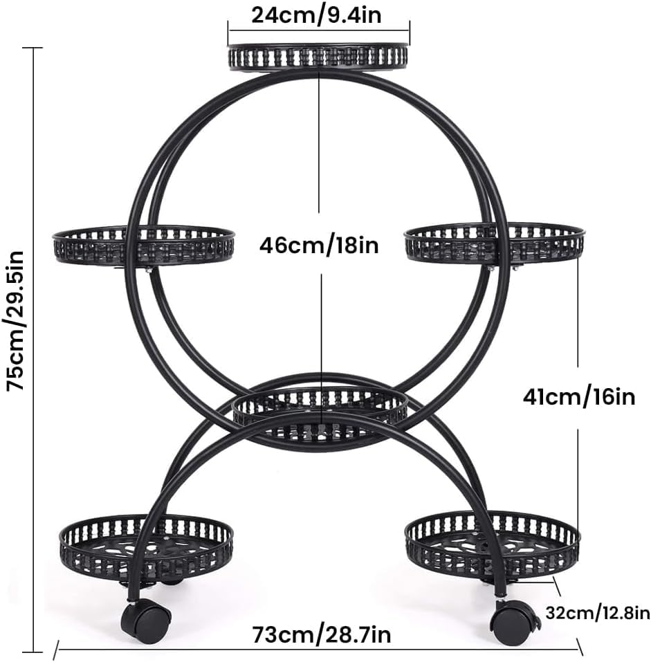 4 Tier Metal Plant Display Rack,4 Tier Tall Plant Stand with 4 Wheels Indoor Outdoor Round Flower Stand 6 Flower Pot Holder Display for Patio Garden Corner Balcony Living Roomv (Black, Six trays) - Image 5