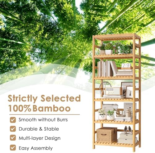 FOTOSOK 6-Tier Bamboo Shelf with Adjustable Shelves, Bamboo Kitchen Cabinet - Image 7