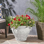 Christopher Knight Home Armis Round Concrete Planter, Indoor Outdoor Garden Plant Pot with Drainage Hole, Floral Relif Patio Urn Planter for Front Porch/Backyard, Outdoor Planter Box, Antique White by ChristopherKnightHome