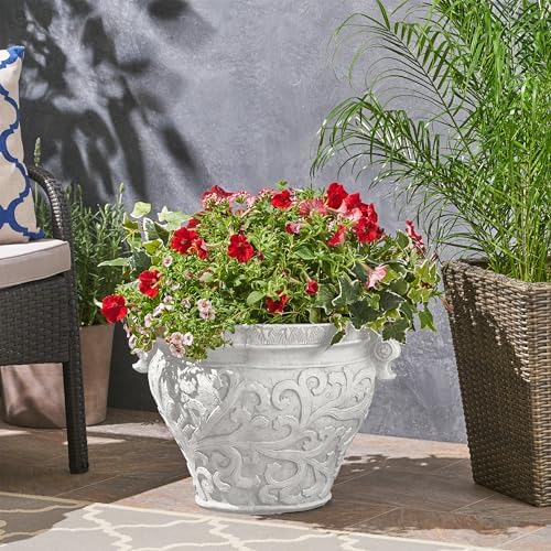 Christopher Knight Home Armis Round Concrete Planter, Indoor Outdoor Garden Plant Pot with Drainage Hole, Floral Relif Patio Urn Planter for Front Porch/Backyard, Outdoor Planter Box, Antique White by ChristopherKnightHome