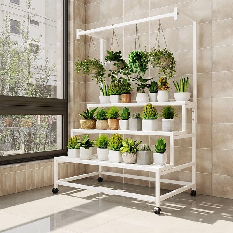 LAKIQ 3-Tiered Metal Plant Stand with Wheels Rolling Rectangle Plant Display Shelf Rack Indoor Outdoor Movable Flower Stand Shelf for Balcony Patio Garden (Black, 31.5" L x 24" W x 56.7" H) - Image 3