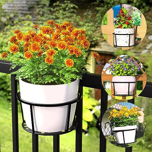 CADANI Iron Hanging Plant Holder Over The Rail Metal Fence Planters, Hanging Bucket Flower Pot Holder for Patio Balcony Outdoor Plants - Pack of 6 (Black) - Image 2