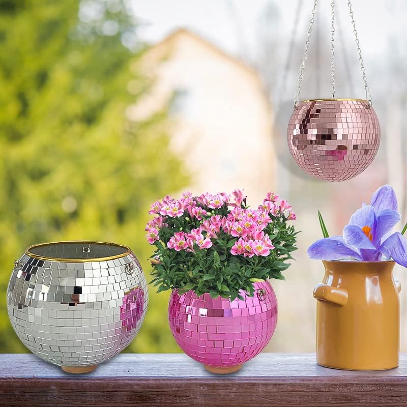 Disco Ball Planter,Disco Ball Plant Hanger,Mirror Disco Planter with Chain and Macrame Hanger,Boho Disco Ball Hanging Planter for Indoor Outdoor Plants,Home Decor (8inch, Pink) - Image 2