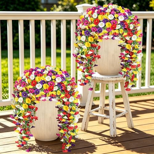 Artificial Hanging Flowers for Outdoors, 8 PCS 552 Blooms Ultra Full Morning Glory Vines, UV Resistant Faux Silk Hanging Plants for Porch Window Box Patio Garden Decor, Mixed by JulakoOnline