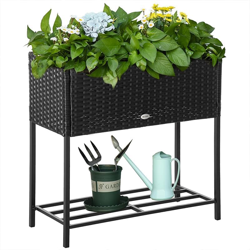 Outsunny Raised Garden Bed Elevated Planter Box Tool Storage Shelf Black - Image 2