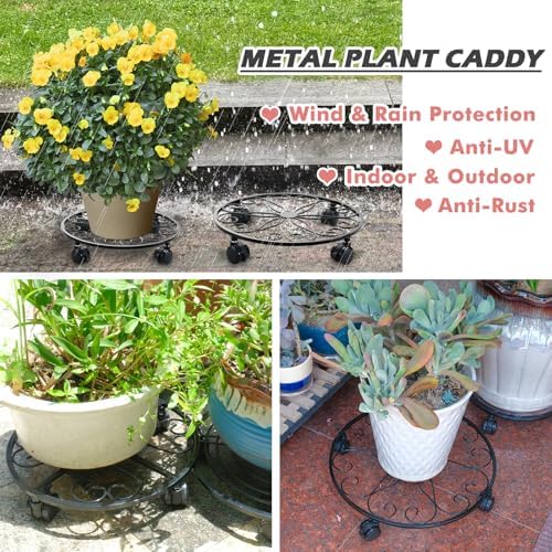 6 Pack Metal Plant Stand with Wheels 12 Inch Plant Caddy with Wheels Heavy Duty Wrought Iron Rolling Plant Stand Plant Dolly Plant Rollers Plant Cart Plant Mover with 6 Pack Plant Saucers - Image 6