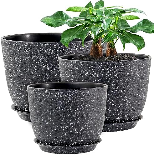 UOUZ 12/10/9 Large Modern Plant Pots, Plastic Planters with Drainage Holes and Saucers for Indoor Outdoor Plants Flowers, Black Speckles by UOUZ