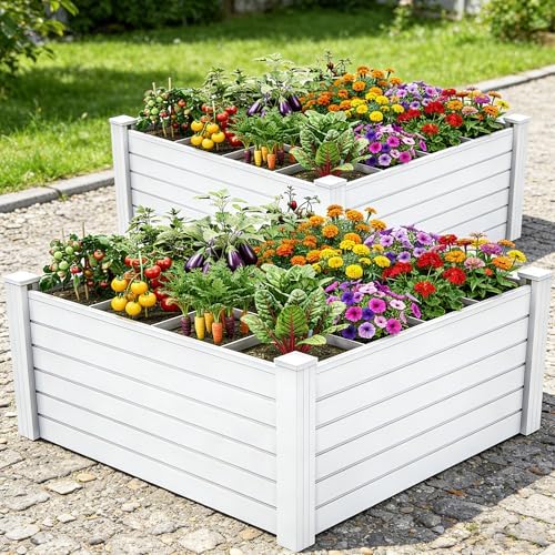 YITAHOME 48x48x24 in Plastic Raised Garden Bed 2pcs with Growth Grid, Large Outdoor Vinyl Planter Box for Plants, Vegetables, and Flowers, Easy Installation, White by YITAHOME