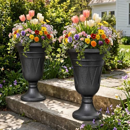 24" Tall Urn Planters for Outdoor Plants, Urns and Pedestal, Black by Diyfire