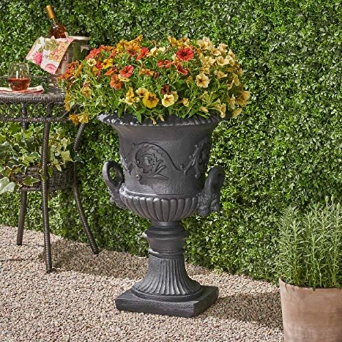 Great Deal Furniture GDFStudio Garden Urn Planter, Roman, Botanical, Black Lightweight Concrete - Image 2