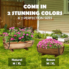 Solid Acacia Wood Half Barrel Planters Outdoor Set of 2 Different Sizes, Wooden Planters for Outdoor Plants with Metal Bands & Drainage Holes, Legs Included, Natural - Image 5