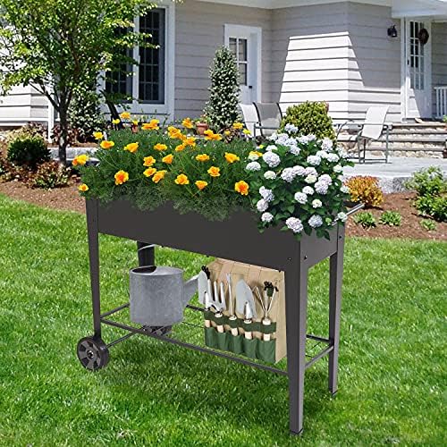 Mobile Garden Bed Metal Elevated Raised Planter Box with Legs Handlebar Outdoor Garden Planters On Wheels Apartment Patio Flower Vegetables Fruits Herb Kit Standing Frame - Image 4