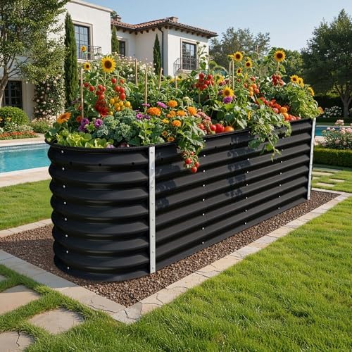 YITAHOME 8x2x2ft Raised Garden Bed Kit, 24" Tall 9 in 1 Large Galvanized Metal Planter Box with Gloves, Safety Rubber & Support Rod, Outdoor Flower Bed for Plants Vegetables Flowers, Black by YITAHOME