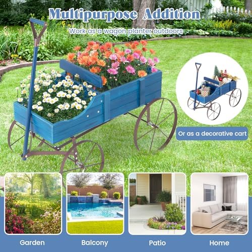 DORTALA Wood Wagon Planter, Outdoor Garden Flower Planter Cart with Wheels, Small Decorative Wood Raised Bed Plant Pot Box Stand for Backyard, Patio, Balcony, Blue - Image 7