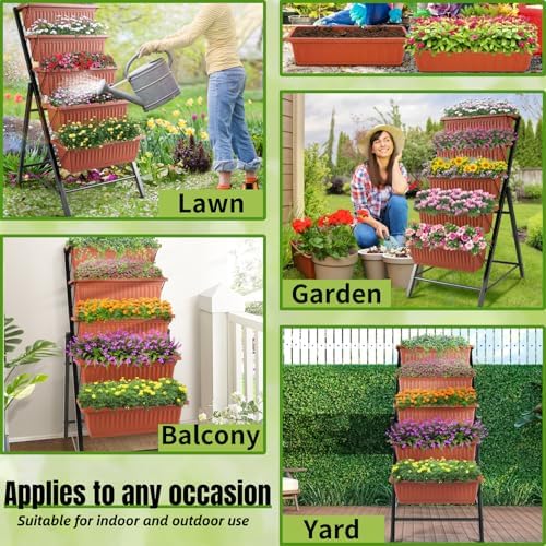 Homdox 3.74FT Vertical Garden Bed, 5 Tiers Raised Garden Planter, 23 * 26 * 45Inch Outdoor Stand with 4 Hooks for Vegetable Flower, Patio Yard, Brown - Image 6