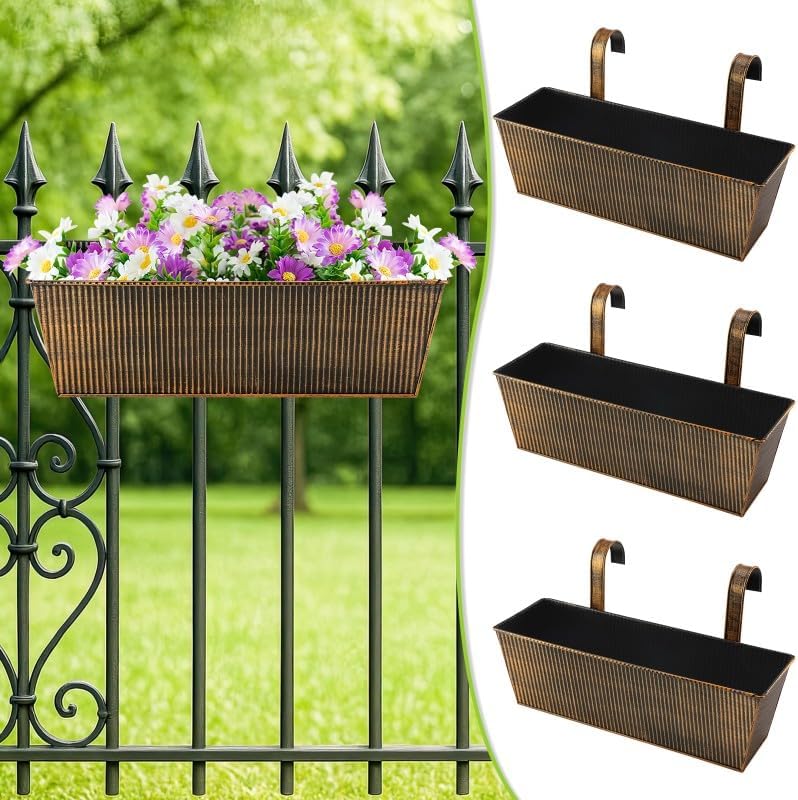 3 Pcs Large Hanging Flower Pots for Railing or Fence 16 Inch Railing Planter Box for Any Balcony Porch or Deck Countryside Style Window Planter Boxes Are Perfect to Herbs & Flowers (Retro-3pcs) by JFMAMJ