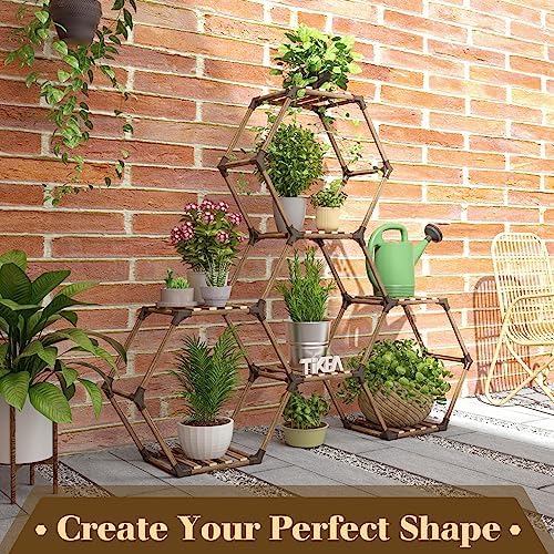 Tikea Hexagonal Indoor Outdoor Plant Stand, 7-Tier Wooden Plant Shelf - Image 3