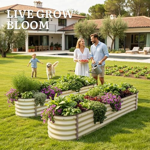 YITAHOME 8x2x1.5ft Galvanized Oval Raised Garden Bed, Metal Planter Box with Safety Rubber, Gloves, Outdoor Flower Bed for Planting Plants Vegetables, Cream Yellow - Image 3