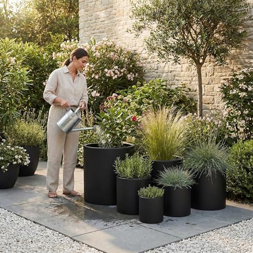 DTY Mount Powell 7.9" D x 7.9" H (Pot Opening 5.5") Fiberstone Cylindrical Planter with Drainage Hole, Weather Resistant for Indoor & Outdoor Use, Includes 2 Extra Coco Mats - Black, Extra Small - Image 4