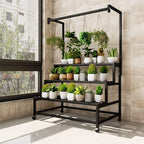 LAKIQ 3-Tiered Metal Plant Stand with Wheels Rolling Rectangle Plant Display Shelf Rack Indoor Outdoor Movable Flower Stand Shelf for Balcony Patio Garden (Black, 31.5" L x 24" W x 56.7" H) by LAKIQ