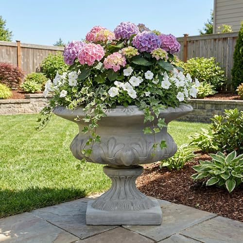 18.5"H Stately Wide Floral-Carved Pedestal Urn Planter – Weather-Resistant MGO Outdoor Flower Pot for Garden, Patio & Front Porch Entrance – Extra-Large Faux Stone Planter with Wide Base (Gray3) by Virubi