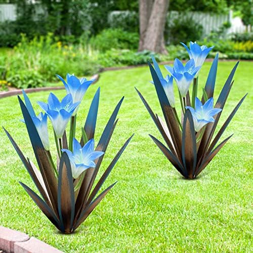 Homight Metal Agave Plant Outdoor Decoration Lily Mexican Yard Art Garden Gift Home Decor Hand Painted Metal Agave Garden Yard Statue, Outdoor Lawn Ornaments (2 Big Blue Lilies) by HomightCentennial
