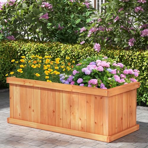 GIANTEX Raised Garden Bed, 31”x14”x12” Wooden Planter Box with 4 Drainage Holes & Detachable Bottom Panels, Elevated Flower Bed, Rectangular Plant Container for Vegetables, Herbs & Fruits, Orange - Image 4