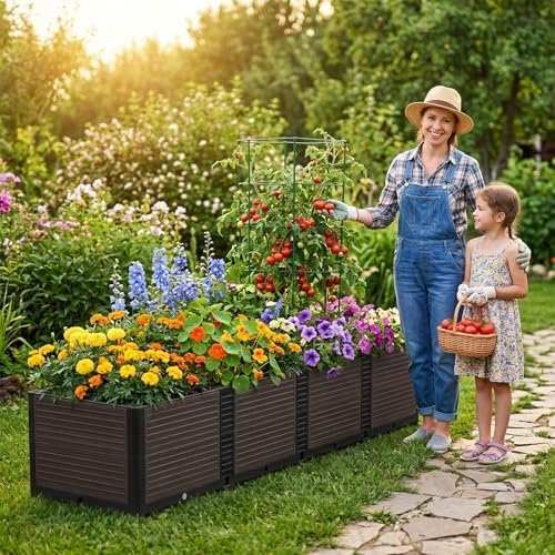 Extra Deep Raised Garden Bed with Legs 48.42 x 16.06 x 19.21 in, 3-Unit Modular Elevated Planter Box with Drainage Plugs, Tool-Free Assembly for Patio Balcony, Black-Brown (Black-brown no leg) - Image 6