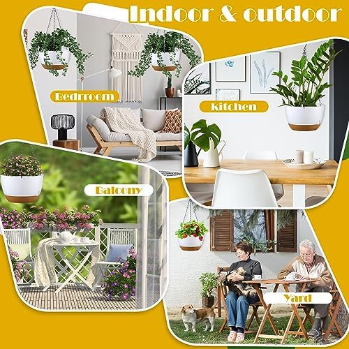 Remerry 6 Pcs 11.2 Inch Hanging Planters Hanging Plant Basket for Indoor Outdoor Plants Set Plastic Hanging Flower Pot with Drainage Holes and Removable Trays for Home Garden (White) - Image 6