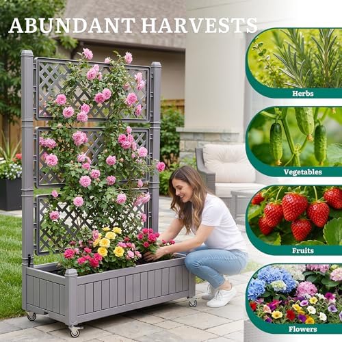YITAHOME 42.5x14.2x61 in Planter Box with Trellis/Outdoor Privacy Screen, All-Weather Raised Garden Bed with Wheels & Drain Plug for Climbing Plants Flowers Herbs, Brown - Image 5