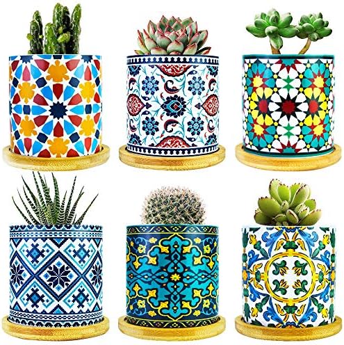 6 Pack Mandala Succulent Plant Pot with Bamboo Trays, Ceramic Multicolored Succulent Container Planter Pot for Small Plant by Ascrafter