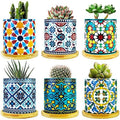 6 Pack Mandala Succulent Plant Pot with Bamboo Trays, Ceramic Multicolored Succulent Container Planter Pot for Small Plant by Ascrafter