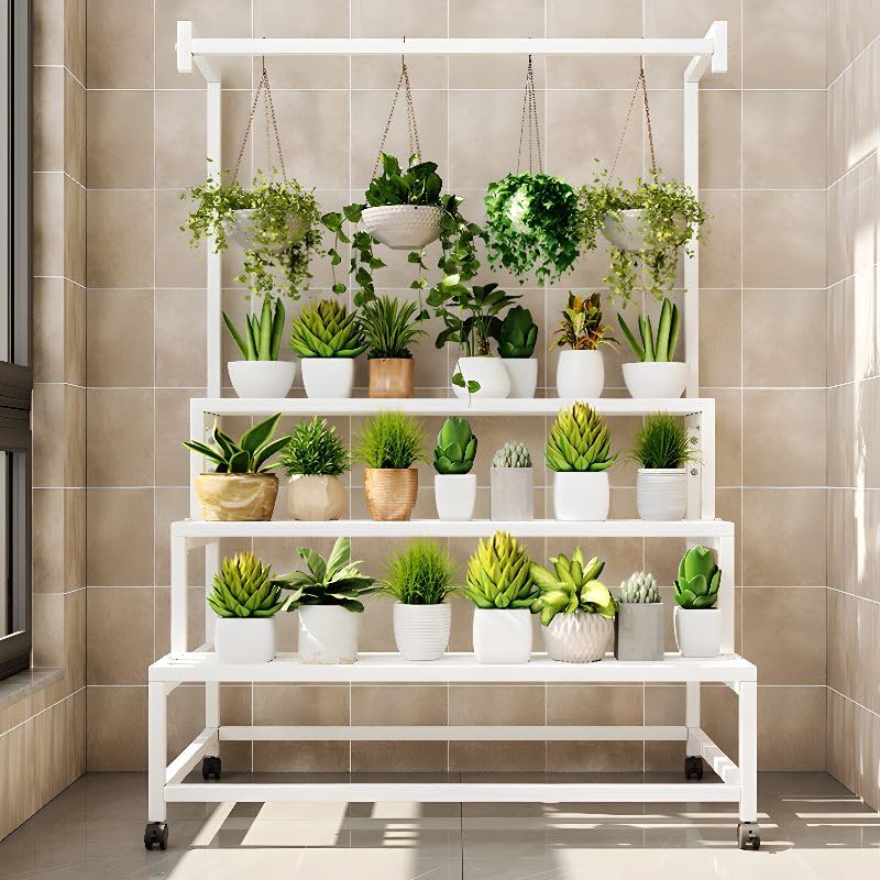 LAKIQ 3-Tiered Metal Plant Stand with Wheels Rolling Rectangle Plant Display Shelf Rack Indoor Outdoor Movable Flower Stand Shelf for Balcony Patio Garden (White, 39.4" L x 24" W x 56.7" H) - Image 2