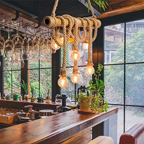 Arturesthome 6 Heads Hemp Rope Pendant Light, Vintage Bamboo Chandeliers Fixture Kitchen Island, Rustic Industrial Hanging Lamp for Bedroom Restaurant Cafe Bar Country Style Decoration by Arturesthome