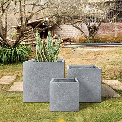 Kante 16",12",10" Square Concrete Planters Set of 3 for Outdoor Indoor Home Patio Garden, Large Plant Pot with Drainage Hole and Rubber Plug, Slate Gray - Image 7