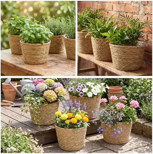 4 Pcs Straw Plant Baskets Indoor Rattan Woven Flower Baskets with Plastic Liner, Cattail Plant Planter for Indoor Outdoor Rustic Boho Home Farmhouse Floor Potted Pots Decor - Image 6