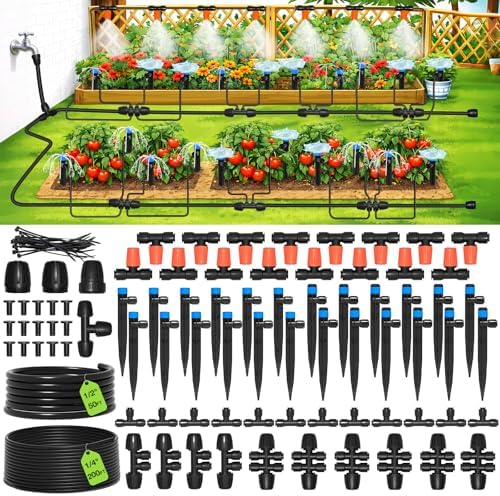 MIXC 250FT Drip Irrigation System Kit, Quick-Connect Garden Misting Watering System with 1/2” 1/4” Tubing Adjustable Nozzles Sprinklers for Indoor Outdoor Garden Potted Plant Lawn Greenhouse by MIXC