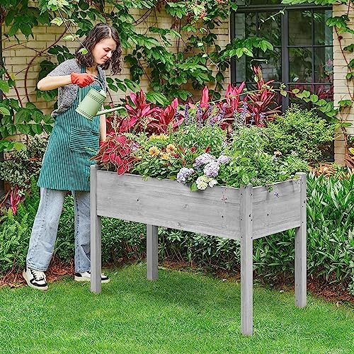 Yaheetech 1pc Raised Garden Bed Outdoor with Legs Horticulture Elevated Wood Planter Boxes w/Stable Rectangle Structure Standing Planter for Vegetables Flowers Herbs Planting,Gray - Image 2