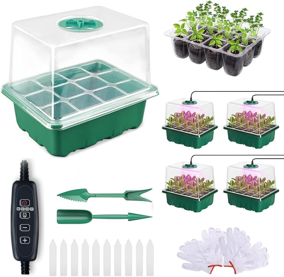 Seed Starter Tray with Grow Light，4 Pack Seed Starter Kit with Timing Controller Adjustable Brightness, Heightened Lids Growing Trays for Greenhouse & Gardens (Green) by Arimilk