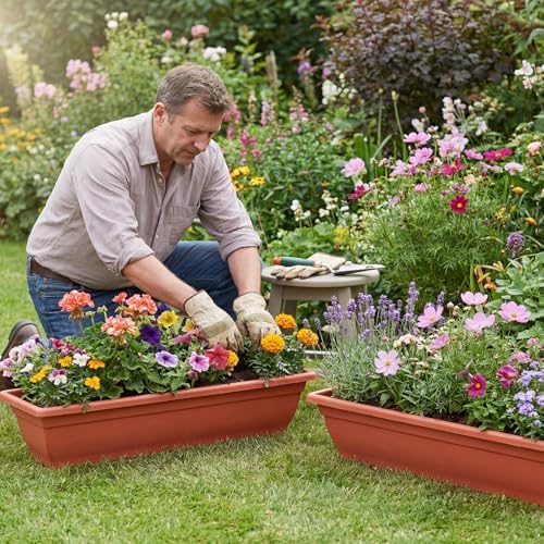 Briwooody 4 Pcs 31.5 Inch Extra Large Window Planter Outdoor with Drainage Holes Rectangle Plastic Window Flower Planter Box for Patio Home Decor, Brick Red - Image 6