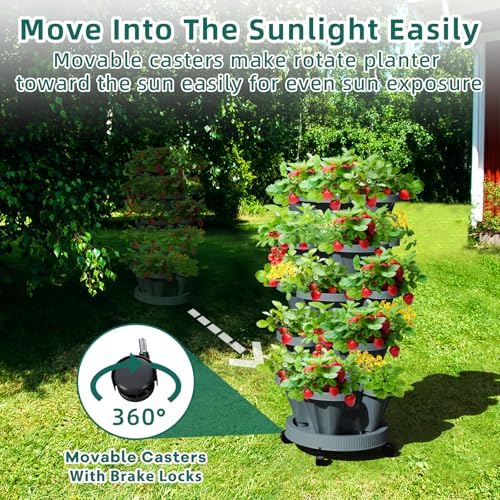 Strawberry Vertical Planters Tower Garden 3 Pack, 7 Tiered Stacking Herb Vegetable Planter with Support Pole Indoor and Outdoor - Dark Grey - Image 4