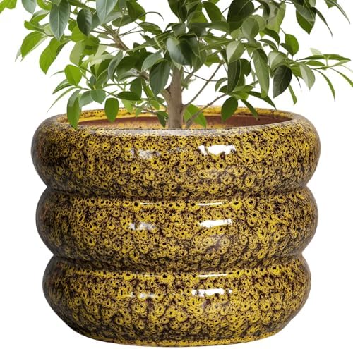 SQOWL Ceramic Flower Pots - 10 Inch Plant Pot Indoor with Drainage Hole, Round Bubble Planter for Outdoor Plants, Decorative Ceramic Plant Pot, Porch Home House Decor, House Warming Gifts, Yellow by SQOWL