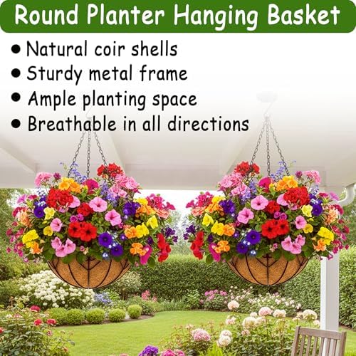 4pcs 16 inch Metal Hanging Baskets Round Wire Plant Stand with Coco Lining Cushion Decorative Planter Hanger Garden Indoor Outdoor Watering Hanging Basket （AX） - Image 2