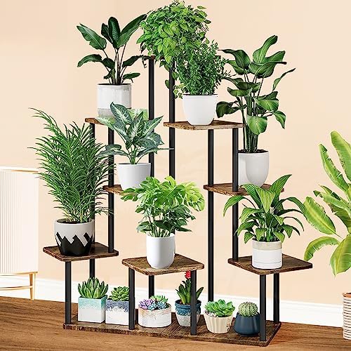 9 Tier Plant Stand Indoor, Thickened Metal Wood Corner Plant Shelf Stands for Multiple Plants, Indoor Tall Plants Stand Tiered Flower Holder for Living Room Patio Garden Balcony(Black+Brown) - Image 7