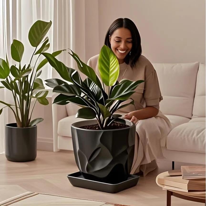 Square Ceramic Plant Saucer Tray 2 Pcs 8 9 10 Inch Black, 9.3" OD x8.3 ID x1.3 Deep, Sturdy Heavy Duty Glazed Planter Drip Flower pots with Catch Basin for Indoor Outdoor Plants(10" Black) - Image 6